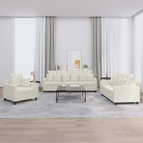 3-tlg. Sofagarnitur mit Kissen Creme Samt