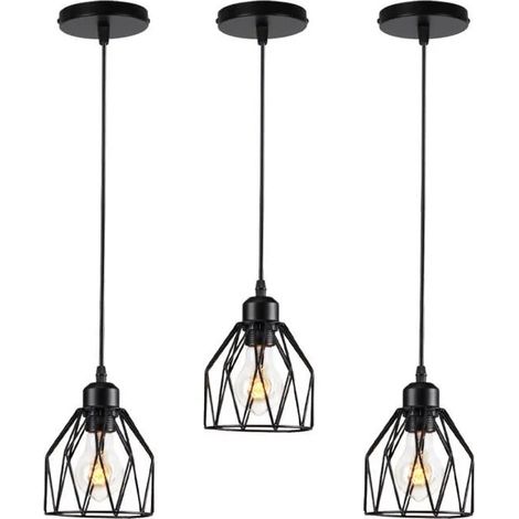 U-Do 3PCS Lustre Ajustable style Vintage Suspension Cage en Fer Noir E27 Lampe Intérieur Industirel décoration Cuisine Escaliers (1/4)