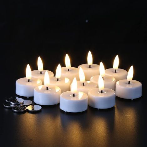 Realistic LED tealight candles with timer, batteries included, flameless flickering effect, pack of 12, white (1/5)