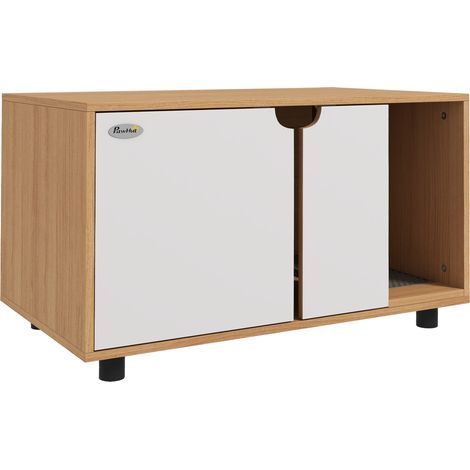 2-in-1 Katzentoilette auf Beinen, skandinavischer Stil, 80 x 48 x 48 cm, Naturholz und Weiß