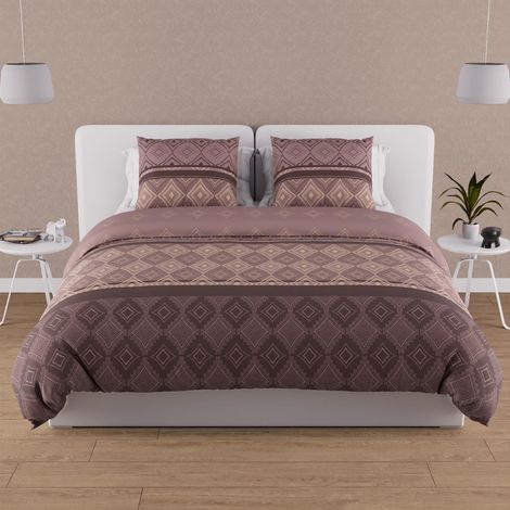 Parure Housse de Couette en Coton 57 Fils 260x240 cm Ethno Brun (1/5)