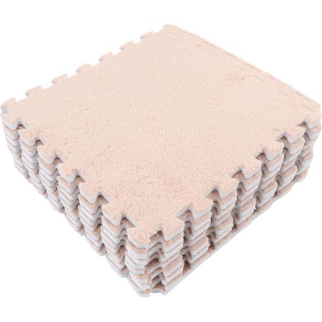 Lot de 10 tapis de sol en mousse pelucheuse, épais et doux, à joints prédécoupés et emboîtables, couleur beige clair. (1/5)