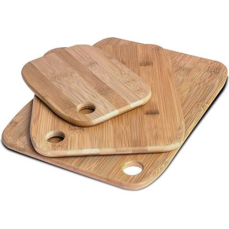 Planche à découper - JUANIO - Lot 3 (20/30/38 cm) - Bambou naturel - Trou d'accroche - Résistante à l'humidité (1/3)