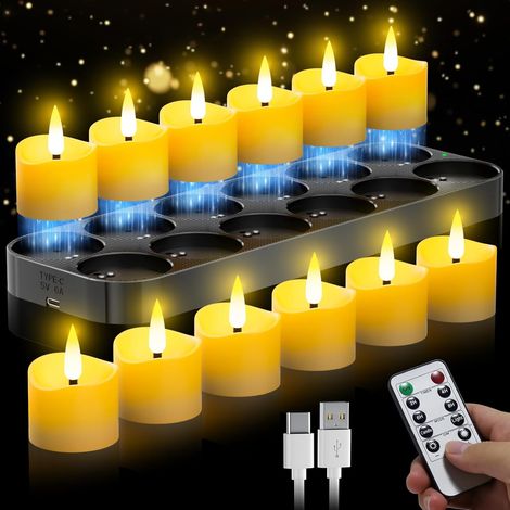 Bougies LED rechargeables 12 pièces, bougies chauffe-plat LED avec socle de recharge magnétique, télécommande et minuterie, bougies sans flamme adaptées à Halloween, Noël et à la décoration intérieure (1/5)