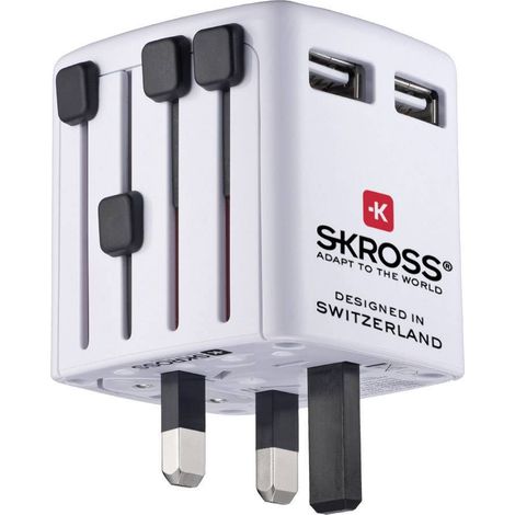 Skross World USB Charger Adaptateur de voyage 12 W 2x USB-A blanc avec adaptateur pour l'Europe, avec adaptateur UK, avec adaptateur USA, avec adaptat X522972 (1/5)