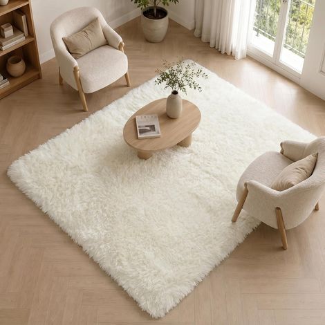 Tapis Chambre Tapis Salon Poil Long Blanc 140x200cm (1/5)