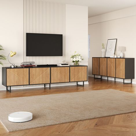 Ensemble salon buffet et meuble TV 4 portes bois naturel noir dimensions 160x40x75 et 180x40x50 cm (1/5)