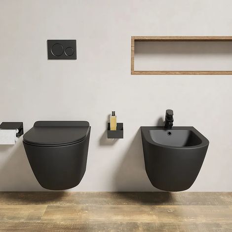 Coppia di Sanitari Sospesi in Ceramica Nero Opaco Rimless Vaso, Sedile con Chiusura Rallentata e Bidet Mod. Parigi (1/5)