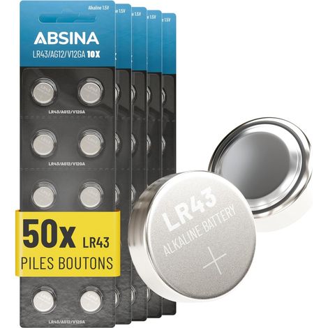 50x Piles Bouton AG12 LR43 - Pile LR43 alcalines 1,5V Anti-fuites et Longue durée de Vie - LR 43/186 / LR1142 / L1142 / V12GA / GPA76 / RW84 - Pile Bouton LR43 (1/5)