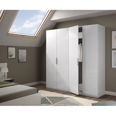 Dmora - Guardarropa Dfusell, Armario dormitorio con 4 puertas batientes, Mueble con 2 baldas y barra perchero, 180x52h200 cm, Blanco (1/5)