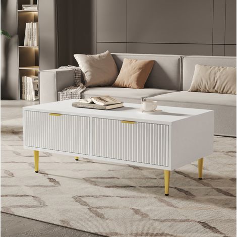 Mesa de centro 100 x 50 x 40 cm con 2 cajones, MDF blanco y dorado DESVIAE (1/5)
