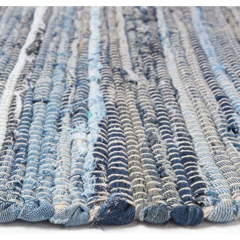 HOMESCAPES Blue Denim Handwoven Striped Chindi Rug, 66 x 200 cm