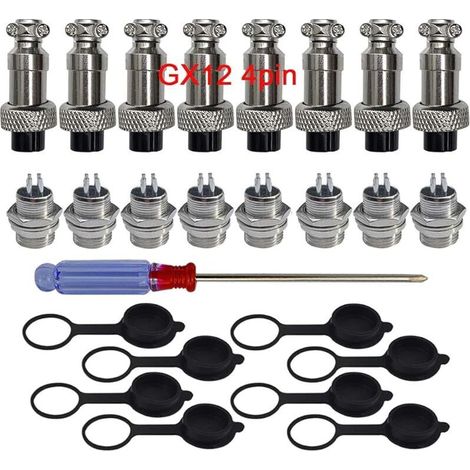 8 piezas de conector de aviación GX12 de 4 pines, conector macho y hembra de panel metálico de 5A 12mm, enchufe y toma, con tapa de goma y destornillador (1/5)