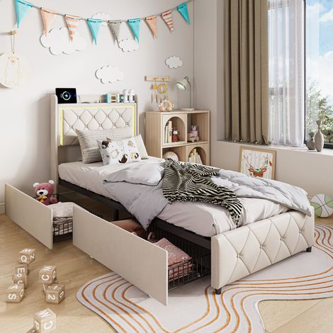 lit 90x200 avec sommier,lit 1 place avec LED et USB, lit capitonné avec tiroirs,lit pour enfants et adultes,velours beige