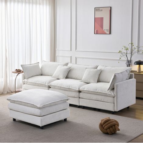 Divano angolare modulare da 3 posti in tessuto felpa (chenille) con pouf mobile beige, per soggiorno (1/5)