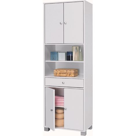 Pegane – Colonne de salle de bain 4 portes 1 tiroir 2 niches – Dimensions 50.5 x 196.3 x 32.9 cm – Finition blanc velours – Montage facile