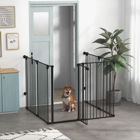 Barrière chiens 6 panneaux acier plastique - clôture animaux - sécurité intérieur - 123x102x100 cm - double fermeture - noire