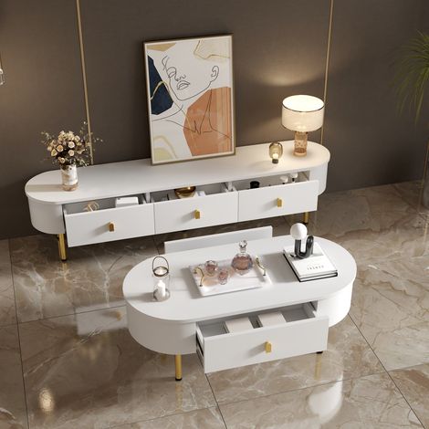 Ensemble meuble tv et table basse 180 cm en bois blanc et chêne clair avec tiroirs et coins arrondis (1/5)