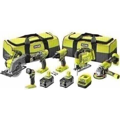 Ryobi – Pack de 6 outils électroportatifs 18V – Perceuse à percussion, visseuse à chocs, meuleuse 115mm, scie sauteuse, scie circulaire – 2 batteries 5,0Ah et chargeur – 2 sacs de transport (1/7)