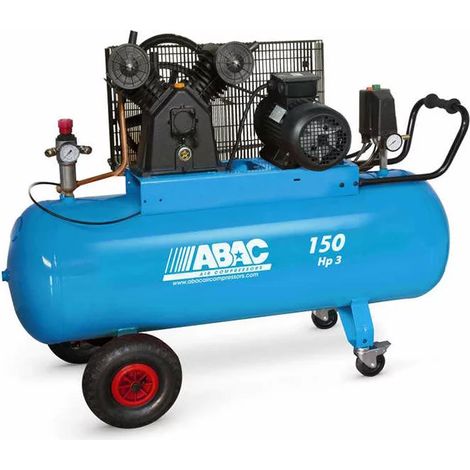Abac – Compresseur bi-cylindre en V 3CV 150 litres – Débit d'air 21,8 m3/h à 9 bar – Tête fonte pour usage intensif – Niveau sonore réduit