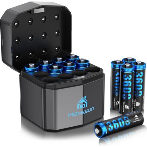 Piles rechargeables au lithium AA avec chargeur 12 prises, piles haute puissance 1,5 V avec piles AA Li-Ion de 3600 mWh, lot de 12, jusqu'à 2000 cycles de charge, bleu (1/5)