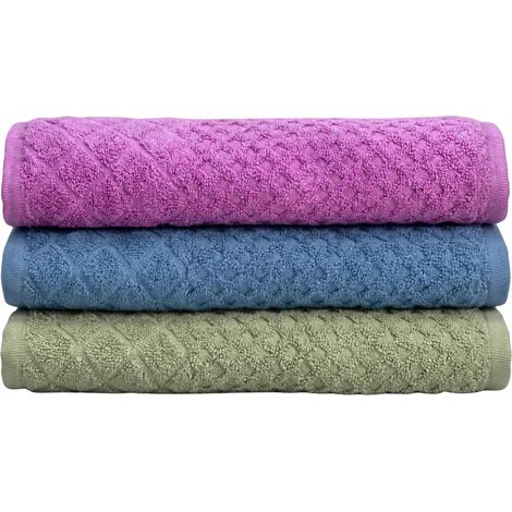 Set di 3 asciugamani da bagno in cotone, rosa, blu, verde, 70x140 cm (1/5)