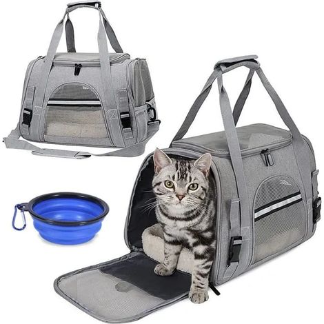 Sac de transport pour chat et petit chien 43×28×25 cm – Pliable, respirant, imperméable avec bandoulière et bol (1/4)