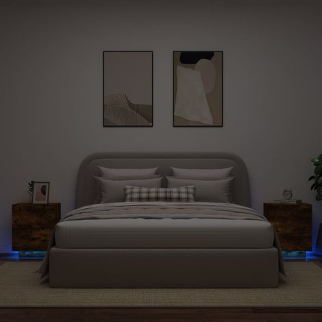 Mesita de noche luces LED 2 uds madera ingeniería roble ahumado vidaXL (1/5)