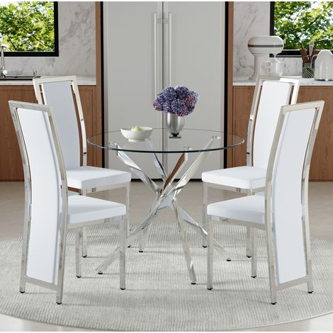 REDOM conjunto de mesa de comedor redonda (88x88x75 cm), con 4 sillas, vidrio templado, metal, PU blanco y plateado (1/5)