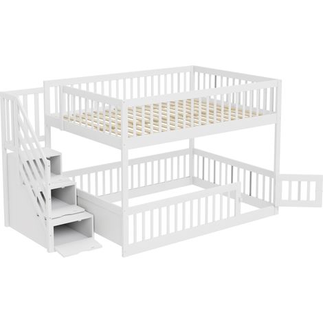 Letto a castello per bambini 140 x 200 cm con scala contenitore e cassetti, bianco (1/5)