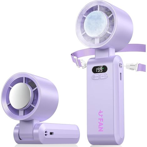 Tragbarer Mini-Ventilator, Handventilator mit LED-Anzeige, Kühlfunktion, 1–199 Geschwindigkeiten, 5000 mAh Akku, Turbo-Nackenventilator für Reisen, Outdoor, Camping, Zuhause (lila)