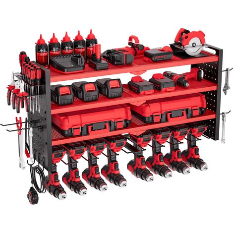 VEVOR Organizador de Herramientas Electricas de Pared, Estante de Almacenamiento de 4 Capas con 8 Portabrocas, con Tableros Perforados Laterales, para Garaje, Banco y Taller, Rojo Brillante Mate (1/5)