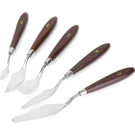 5 pièces Ensemble de Couteaux à Palette, Couteaux à Palette de Peinture à l'huile en Acier Inoxydable Manche en Bois spatules à pigments 6.5in 7.1in 7.7in 7.9in 8.7in (1/5)