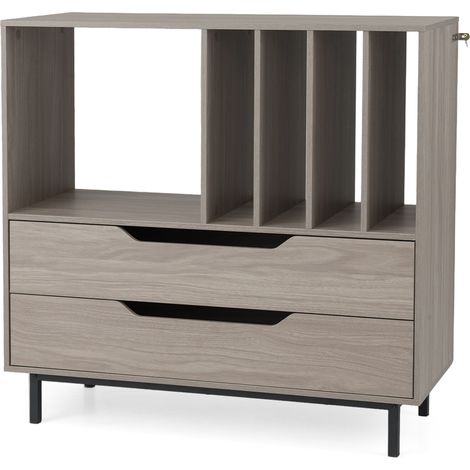 Meuble gris pour platine vinyle en bois et métal avec 4 casiers et 2 tiroirs pour salon et chambre
