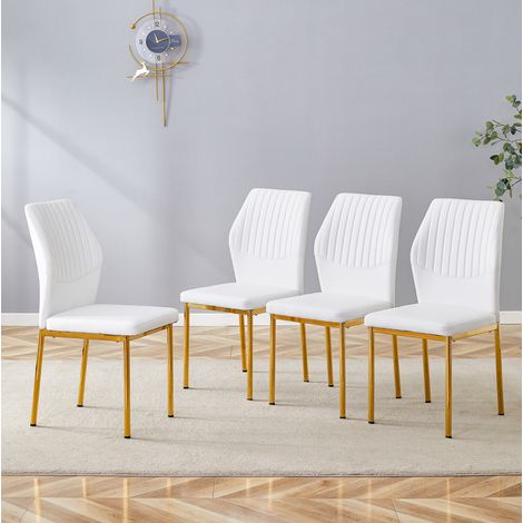 Chaise de salle a manger en metal et PU blanc/or, lot de 4, dossier rembourre et patins antiderapants,43×42.6×93cm (1/5)