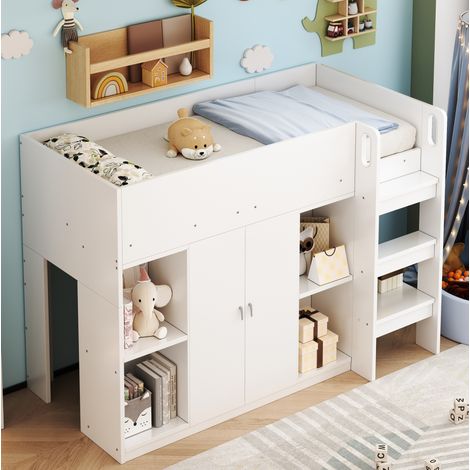 Lit mezzanine 90/200 cm blanc en bois avec armoire, étagères et échelle (1/5)