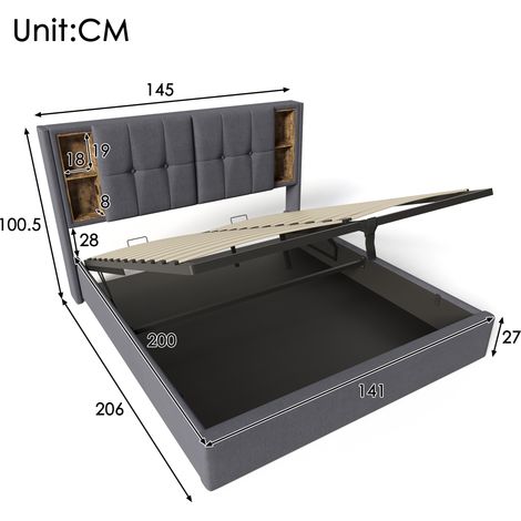 Lit double avec recharge sans fil USB C, cadre de lit rembourré 140x200cm, cadre de lit avec cadre à lattes de rangement en coton gris bois (sans matelas) (1/5)