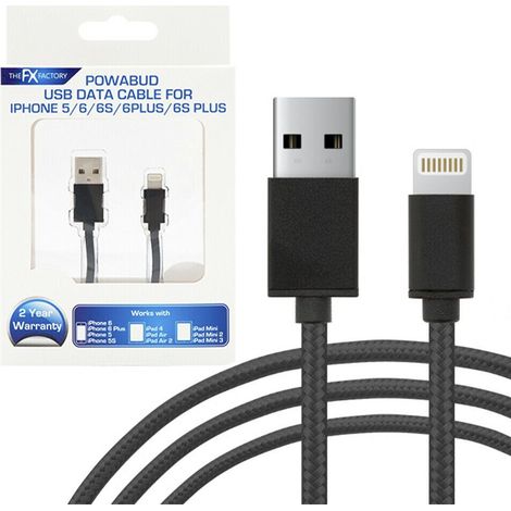FX Powabud Nylon Lightning Cable iPhone Charger USB Data Sync Lead Black (1/3)