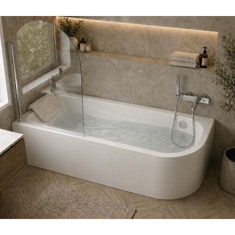 Baignoire d'angle asymétrique gauche 160 x 75 cm - blanc - sans tablier, pieds, vidage chrome, pare - baignoire, repose - tête - OASIS (1/5)