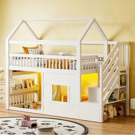 Hausbett-Hochbett 90x200 cm aus weißem Holz mit Treppe und LED, platzsparend – MEUBLIV (1/5)