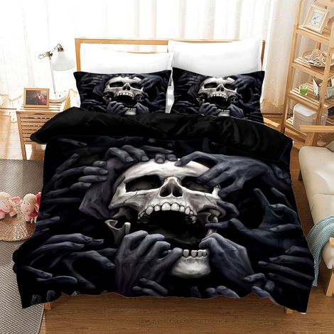 Parure de lit 3 pièces en microfibre avec housse de couette et 2 taies d'oreiller de 80 x 80 cm et fermeture éclair pour (tête de mort-1, 135 x 200 cm + 2 x 80 x 80 cm) (1/5)