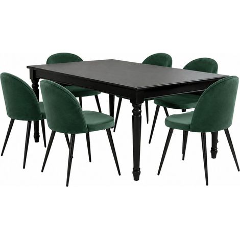 Amaretta Essgruppe Tisch schwarz 6 Stühle Velour grün.