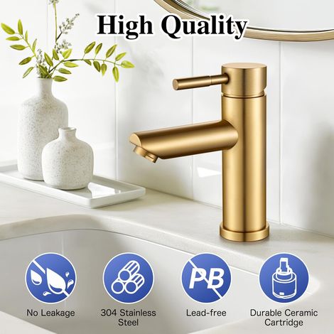 Mitigeur lavabo noir or brossé – Inox 304, manette unique – Eau chaude/froide, design moderne élégant