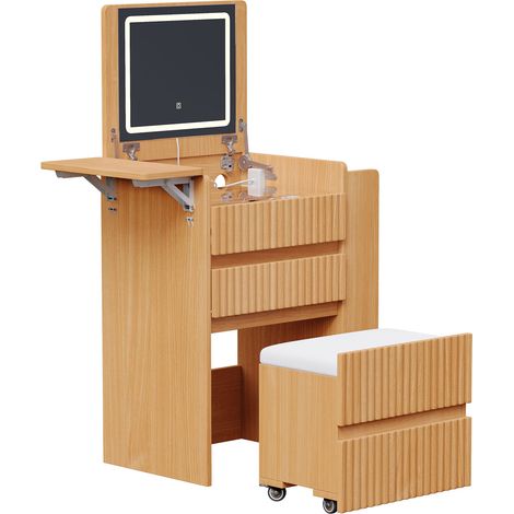 Toeletta con specchio LED pieghevole, 2 prese, USB/Type-C, sgabello con ruote, 3 cassetti (1/5)