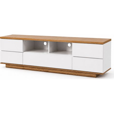 Mobile TV Moderno In MDF Con 4 Ante Anta A Ribalta 2 Vani A Giorno Passacavi Mobile Porta Televisore Per Soggiorno Living Salotto Design Funzionale E Contemporaneo 180 x 38 x 46 Cm Bianco E Rovere (1/5)