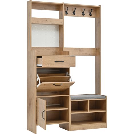 Appendiabiti da ingresso con scarpiera e panca, 4 ganci e 2 ante, naturale, 108,5 x 35 x 180 cm (1/5)