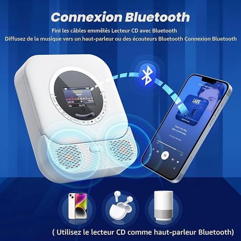 Lecteur CD Portable avec Récepteur et Émetteur Bluetooth, Haut-parleurs, Écran LED, Radio FM (White) (1/3)