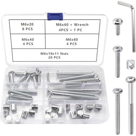 40 Pièces M6 x 20/40/60/80 mm Vis Écrous de Quincaillerie Lit Kit, Baril à Six Pans Creux Boulons Meubles, avec Clé Allen, pour Meubles Chaises Berceau, Argent