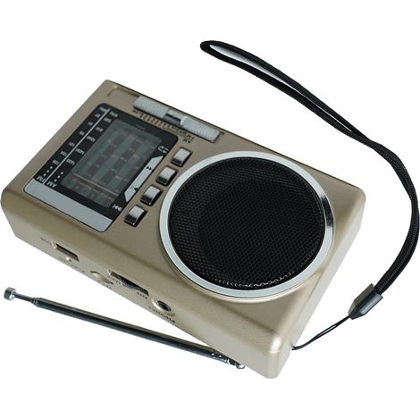 Radio FM portable multibande avec emplacement pour carte USB, rechargeable, style vintage rétro, pour seniors, couleur or. (1/5)