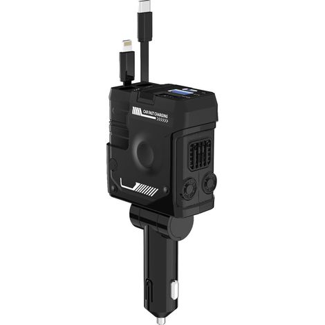 Car charger, super fast charging, flash charging, retractable cable, 4-in-1 design with armor-like trim, windscreen, and display – English packaging. (1/4)